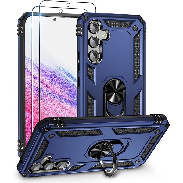 Ntech Hoesje Geschikt voor Samsung Galaxy A24 hoesje Blauw Met Draaibare Ring Houder - Galaxy A24 Screenprotector - 2 stuks
