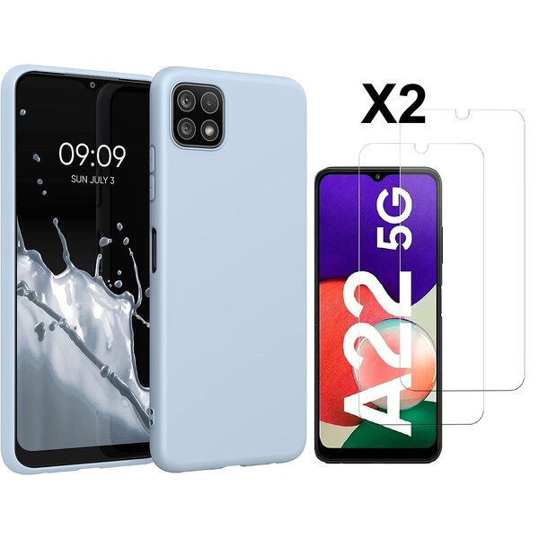 Ntech Hoesje Geschikt Voor Samsung Galaxy A22 5G Hoesje siliconen Licht Blauw zacht siliconen hoesje TPU backcover - Met Screenprotector - 2 stuks