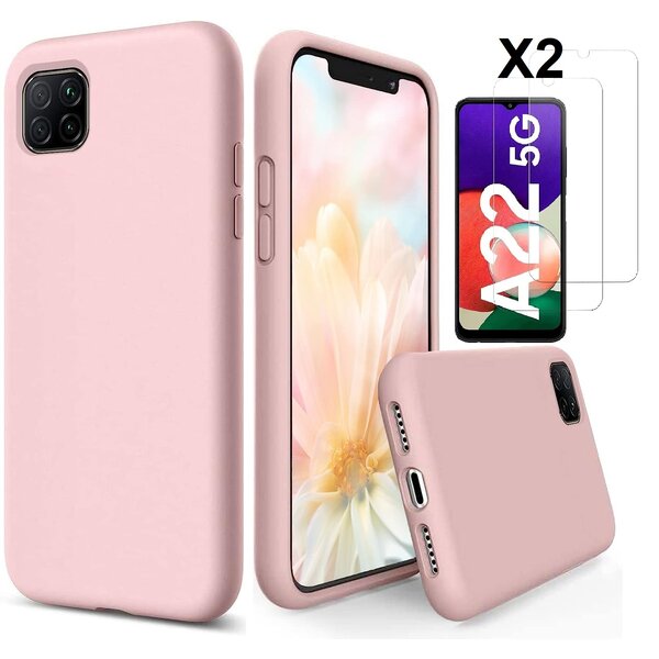 Ntech Hoesje Geschikt Voor Samsung Galaxy A22 5G Hoesje siliconen Licht Roze zacht siliconen hoesje TPU backcover - Met Screenprotector - 2 stuks