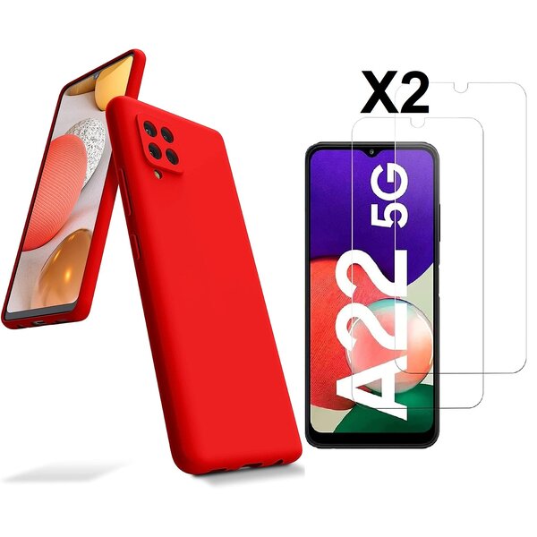 Ntech Hoesje Geschikt Voor Samsung Galaxy A22 5G Hoesje siliconen Rood zacht siliconen hoesje TPU backcover - Met Screenprotector - 2 stuks