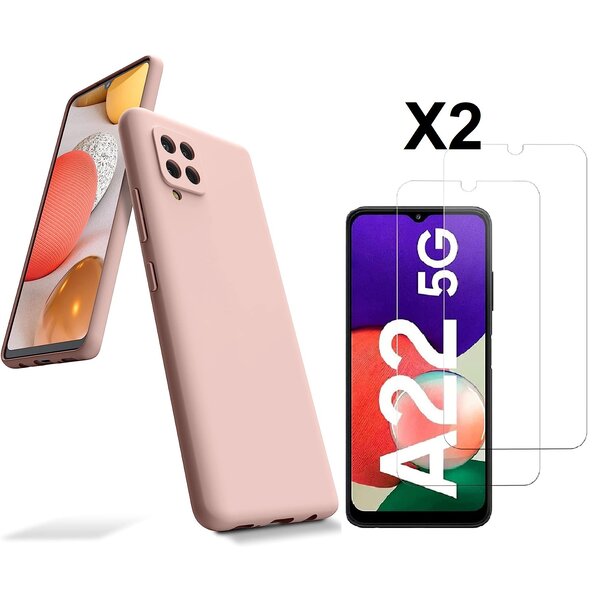 Ntech Hoesje Geschikt Voor Samsung Galaxy A22 5G Hoesje siliconen Pink Sand zacht siliconen hoesje TPU backcover - Met Screenprotector - 2 stuks