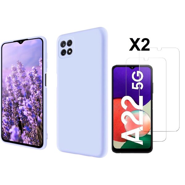 Ntech Hoesje Geschikt Voor Samsung Galaxy A22 5G Hoesje siliconen Lila zacht siliconen hoesje TPU backcover - Met Screenprotector - 2 stuks