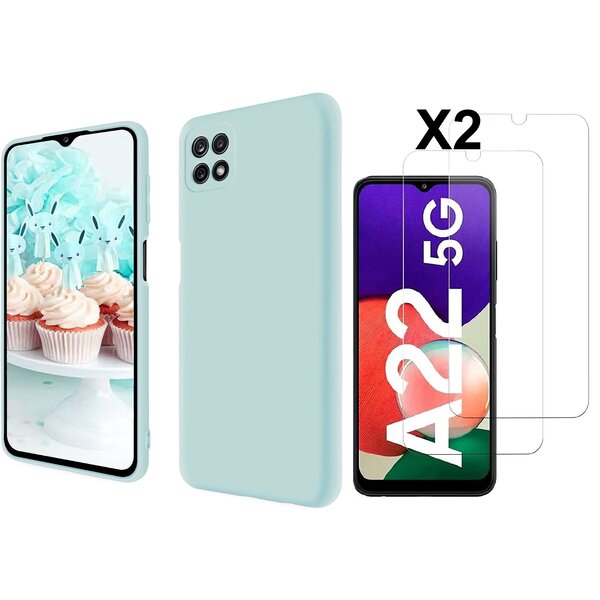 Ntech Hoesje Geschikt Voor Samsung Galaxy A22 5G Hoesje siliconen Mint Groen zacht siliconen hoesje TPU backcover - Met Screenprotector - 2 stuks