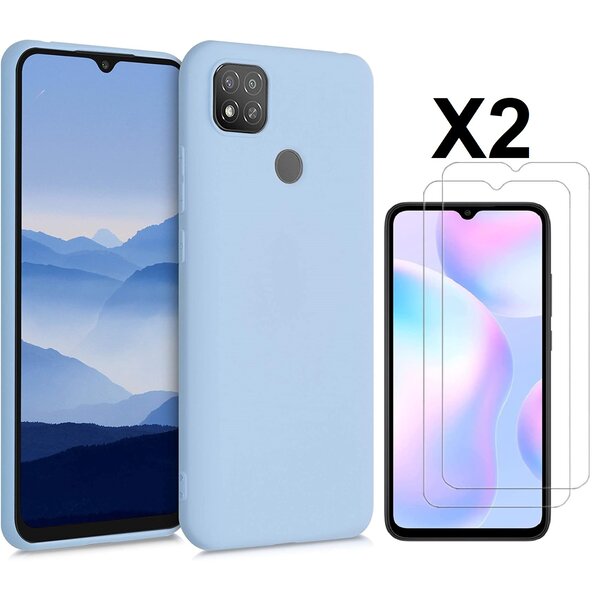 Ntech Hoesje geschikt voor Xiaomi Redmi 10A/9C Hoesje siliconen Licht Blauw zacht siliconen hoesje TPU backcover - met Redmi 10A/9C Screenprotector - 2 stuks