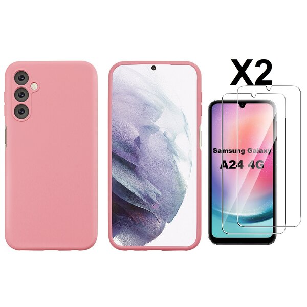Ntech Hoesje Geschikt Voor Samsung Galaxy A24 Hoesje siliconen Licht Roze zacht siliconen hoesje TPU backcover - Met Screenprotector - 2 stuks