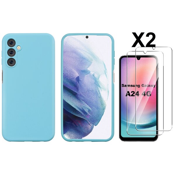 Ntech Hoesje Geschikt Voor Samsung Galaxy A24 Hoesje siliconen Licht Blauw zacht siliconen hoesje TPU backcover - Met Screenprotector - 2 stuks