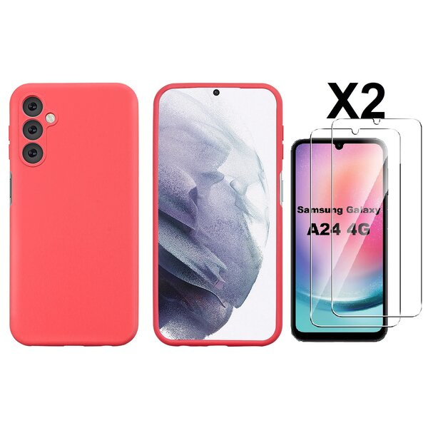 Ntech Hoesje Geschikt Voor Samsung Galaxy A24 Hoesje siliconen Rood zacht siliconen hoesje TPU backcover - Met Screenprotector - 2 stuks