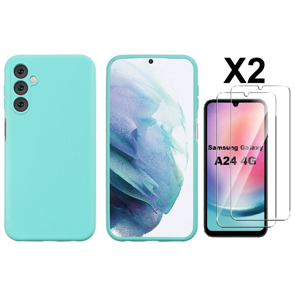 Ntech Hoesje Geschikt Voor Samsung Galaxy A24 Hoesje siliconen Mint Groen zacht siliconen hoesje TPU backcover - Met Screenprotector - 2 stuks