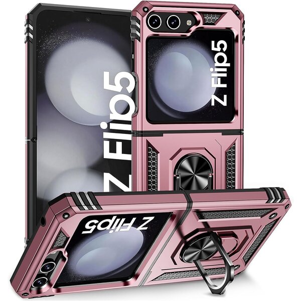 Ntech Hoesje Geschikt Voor Samsung Galaxy Z Flip 5 hoesje met Ring Houder - Anti-Shock Hybrid Armor case - Rose Goud