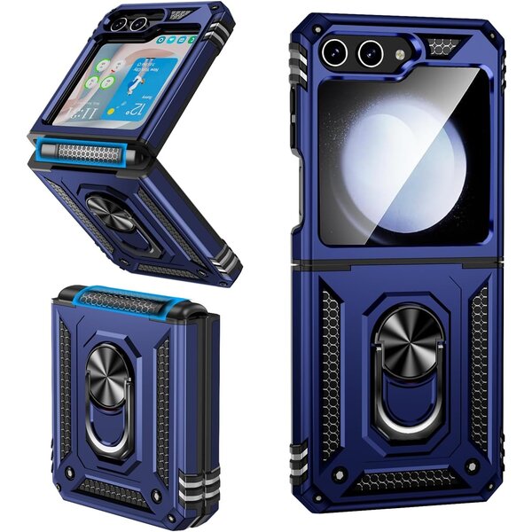 Ntech Hoesje Geschikt Voor Samsung Galaxy Z Flip 5 hoesje met Ring Houder - Anti-Shock Hybrid Armor case - Blauw