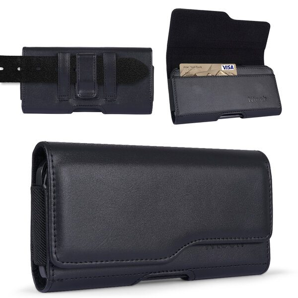 Merkloos Ntech Universeel Zwart Riem Holster PU Lederen Case voor de OnePlus 7 / 7 Pro / 6