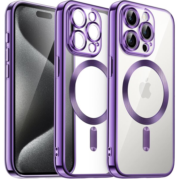 Ntech Hoesje Geschikt voor iPhone 15 met magnetisch ring  - Lens beschermer – backcover – Transparant / Paars