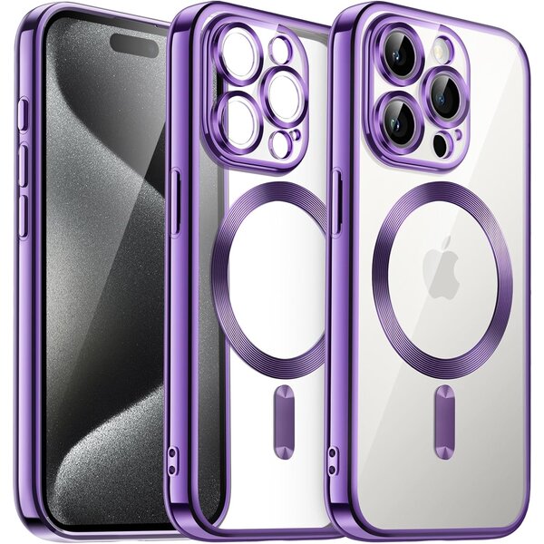 Ntech Hoesje Geschikt voor iPhone 15 Plus met magnetisch ring  - Lens beschermer – backcover – Transparant / Paars