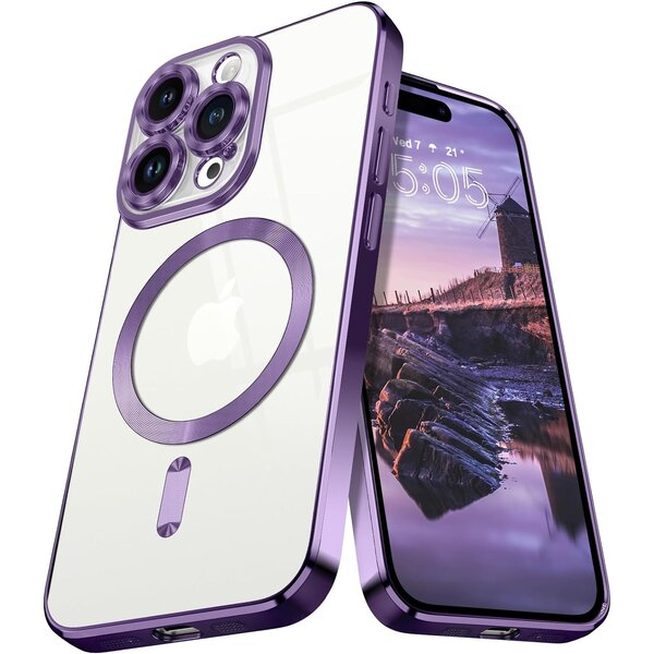 Ntech Hoesje Geschikt voor iPhone 15 Pro met magnetisch ring  - Lens beschermer – backcover – Transparant / Paars