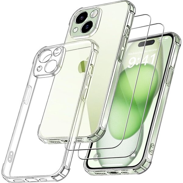Ntech Hoesje Geschikt voor iPhone 15 - transparant Anti Shock silicone hoesje met 2 Pack Screenprotector tempered glass