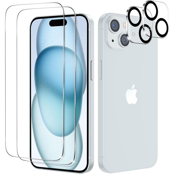 Ntech Geschikt voor iPhone 15 Screen Protector en  Camera lens protector/ Tempered glass Screen protector voor Geschikt voor iPhone 15 - Beschermglas - Glasplaatje - 2+2 stuks