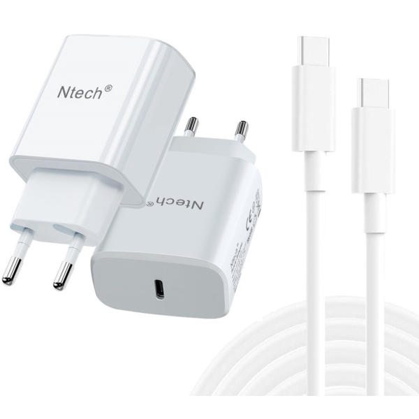 Ntech USB C Adapter 20W snellader Geschikt voor iPhone 15 / Plus / Pro / Pro Max Met USB C naar USB C Kabel 1M