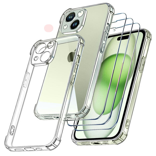 Ntech Hoesje Geschikt voor iPhone 15 – transparant Anti Shock silicone hoesje – Met glazen Screenprotector – 3 pack