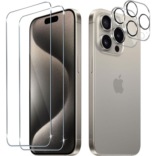Ntech Screenprotector Geschikt voor iPhone 15 Pro inclusief Camera lens protector / Tempered glass - Glasplaatje - 2+2 stuks