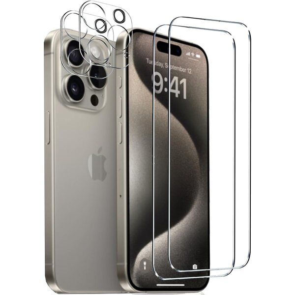 Ntech Screenprotector Geschikt voor iPhone 15 Pro Max inclusief Camera lens protector / Tempered glass - Glasplaatje - 2+2 stuks
