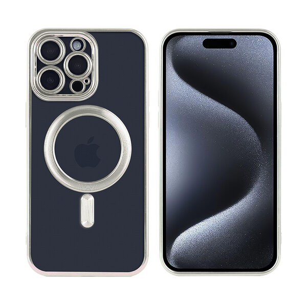 Ntech Hoesje Geschikt voor iPhone 15 Pro Max met magnetisch ring  - Lens beschermer – backcover – Transparant / Zilver
