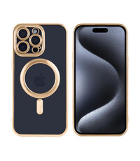 Ntech iPhone 15 Pro Max hoesje Magnetisch Met Lens beschermer – Transparant / Goud
