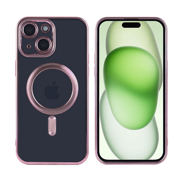 Ntech Hoesje Geschikt voor iPhone 15 Plus met magnetisch ring  - Lens beschermer – backcover – Transparant / Rosegoud
