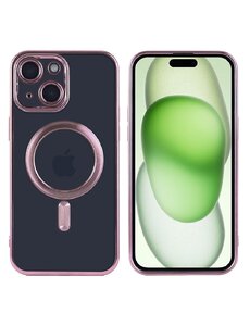 Ntech iPhone 15 hoesje Magnetisch Met Lens beschermer – Transparant / Rose Goud