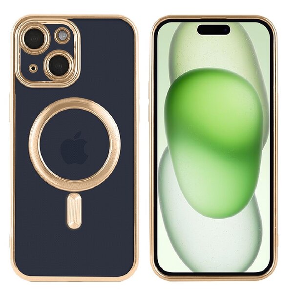 Ntech Hoesje Geschikt voor iPhone 15 met magnetisch ring  - Lens beschermer – backcover – Transparant / Goud