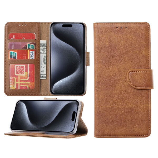 Ntech Hoesje Geschikt voor iPhone 15 Pro Max – portemonnee bookcase met pasjeshouder – Bruin