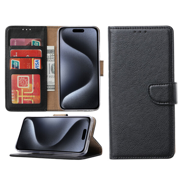 Ntech Hoesje Geschikt voor iPhone 15 Pro Max – portemonnee bookcase met pasjeshouder – Zwart