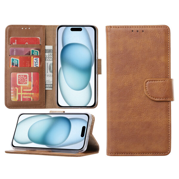 Ntech Hoesje Geschikt voor iPhone 15 Plus – portemonnee bookcase met pasjeshouder – Bruin