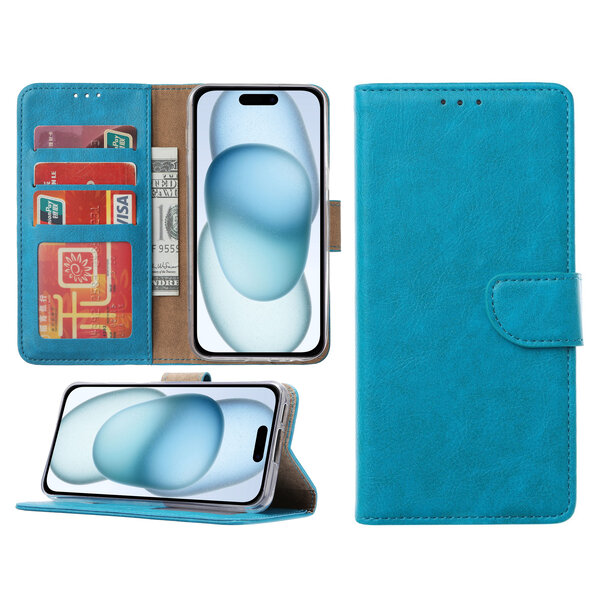 Ntech Hoesje Geschikt voor iPhone 15 Plus – portemonnee bookcase met pasjeshouder – Blauw