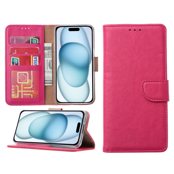 Ntech Hoesje Geschikt voor iPhone 15 Plus – portemonnee bookcase met pasjeshouder – Roze