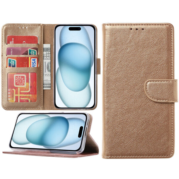 Ntech Hoesje Geschikt voor iPhone 15 Plus – portemonnee bookcase met pasjeshouder – Goud