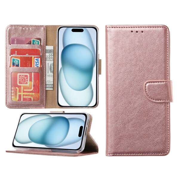 Ntech Hoesje Geschikt voor iPhone 15 Plus – portemonnee bookcase met pasjeshouder – Rosegoud