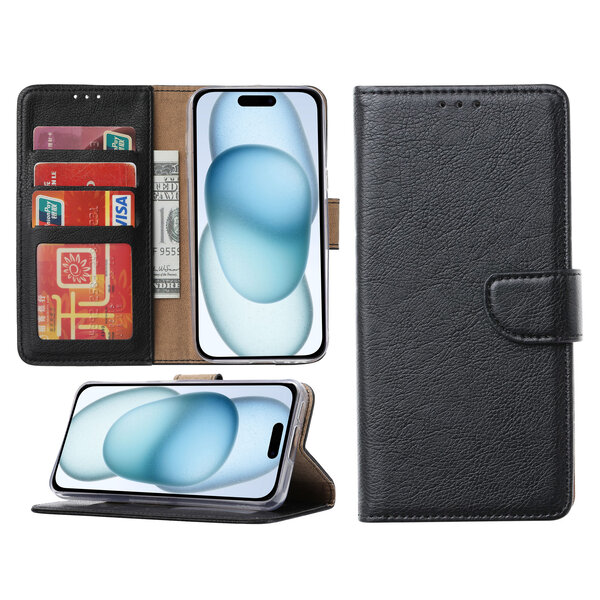 Ntech Hoesje Geschikt voor iPhone 15 Plus – portemonnee bookcase met pasjeshouder – Zwart