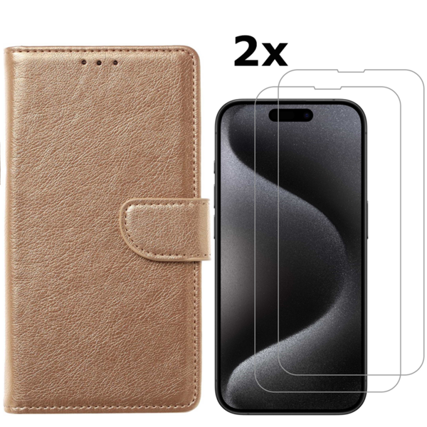 Ntech  Hoesje Geschikt voor iPhone 15 Pro Max hoesje bookcase met 2x screenprotector – Goud