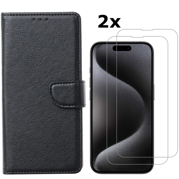Ntech  Hoesje Geschikt voor iPhone 15 Pro Max hoesje bookcase met 2x screenprotector – Zwart