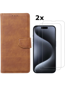Ntech iPhone 15 Pro bookcase met 2x screenprotector – Bruin