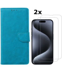 Ntech iPhone 15 Pro bookcase met 2x screenprotector – Blauw