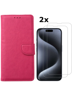Ntech iPhone 15 Pro bookcase met 2x screenprotector – Roze