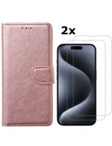 Ntech iPhone 15 Pro bookcase met 2x screenprotector – Rosegoud