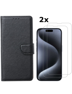 Ntech iPhone 15 Pro bookcase met 2x screenprotector – Zwart