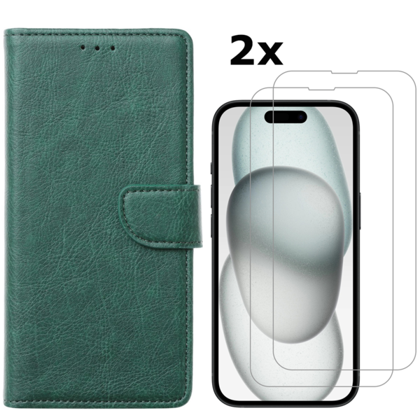 Ntech  Hoesje Geschikt voor iPhone 15 Plus hoesje bookcase met 2x screenprotector – Groen