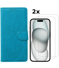 Ntech iPhone 15 Plus bookcase met 2x screenprotector – Blauw