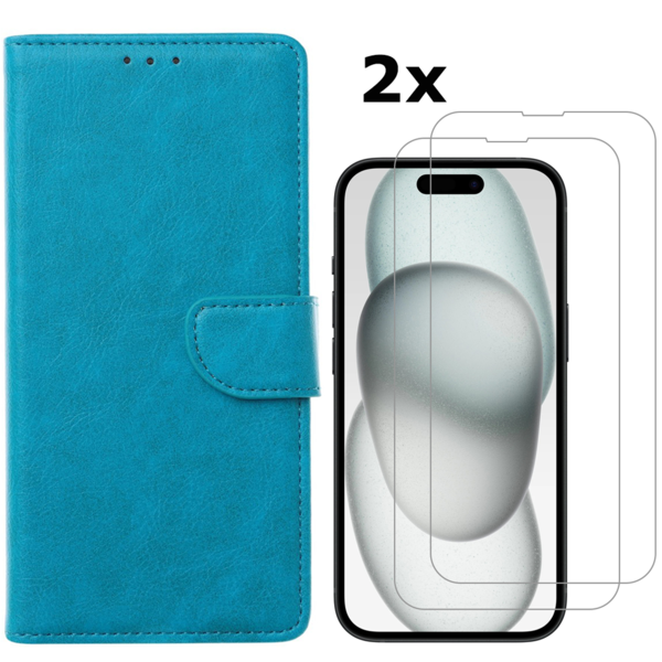 Ntech  Hoesje Geschikt voor iPhone 15 Plus hoesje bookcase met 2x screenprotector – Blauw