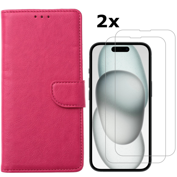 Ntech  Hoesje Geschikt voor iPhone 15 Plus hoesje bookcase met 2x screenprotector – Roze