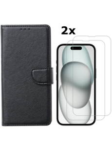 Ntech iPhone 15 Plus bookcase met 2x screenprotector – Zwart