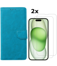 Ntech iPhone 15 bookcase met 2x screenprotector – Blauw